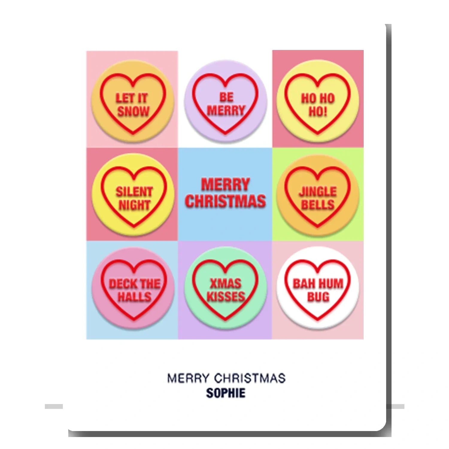 Colourful Christmas hearts greeting card – UK printed personalised Xmas card