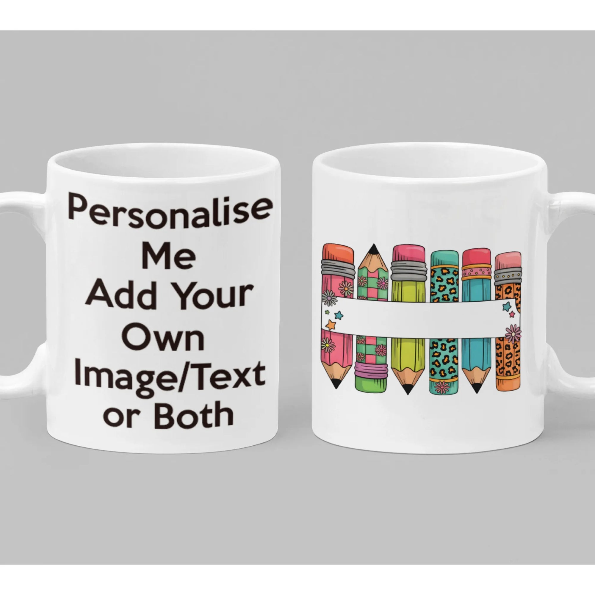 Personalised pencil mug with colourful patterned pencils and blank banner for custom name or message – teacher and student gift