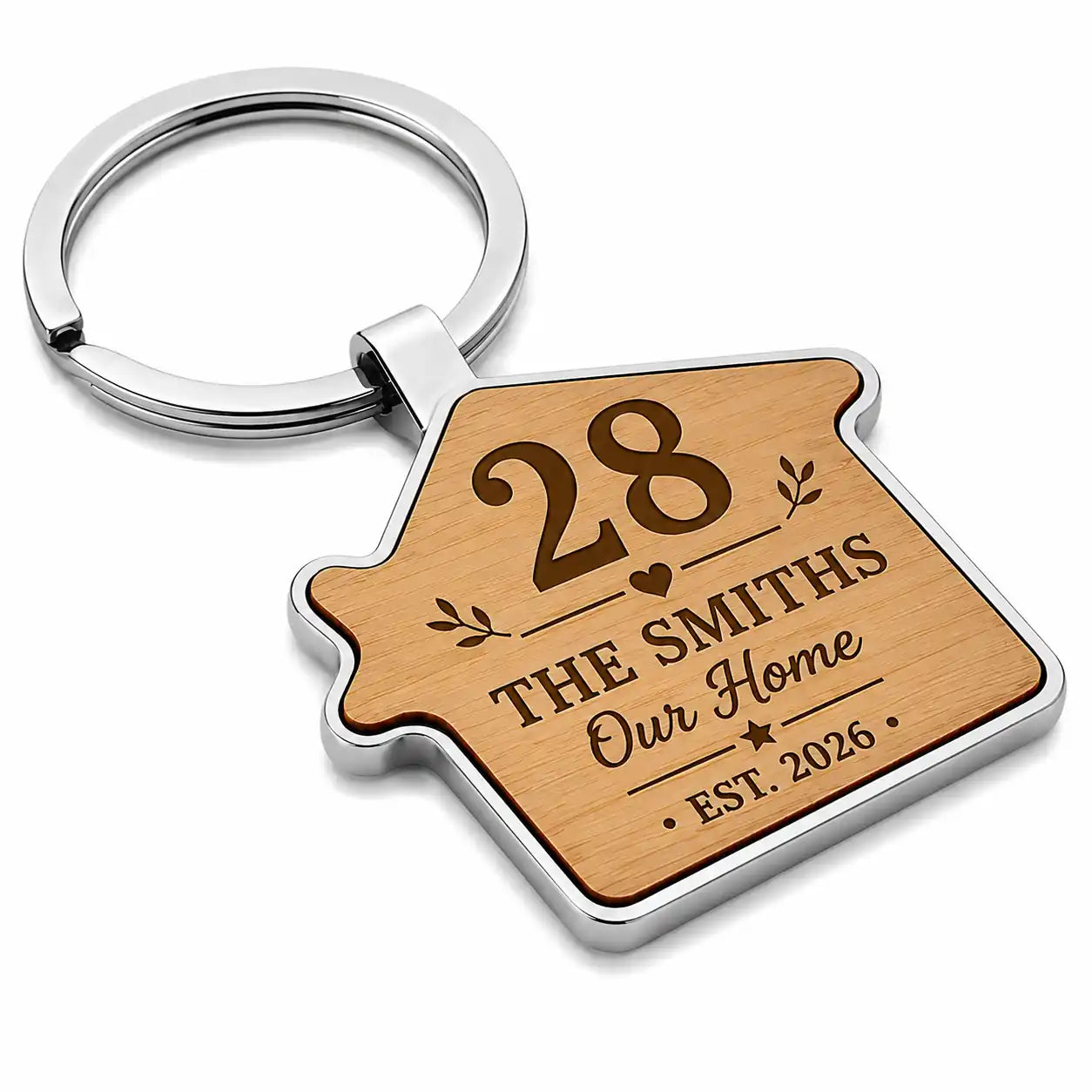 Personalised new home house keyring with house number, family name and established year