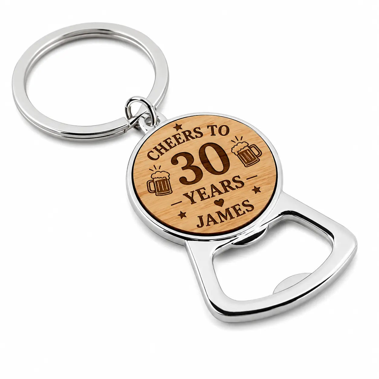 Personalised 30th birthday bottle opener keyring with name