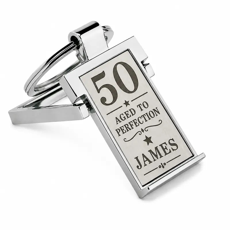 Personalised 50th birthday keyring with Aged to Perfection engraved design