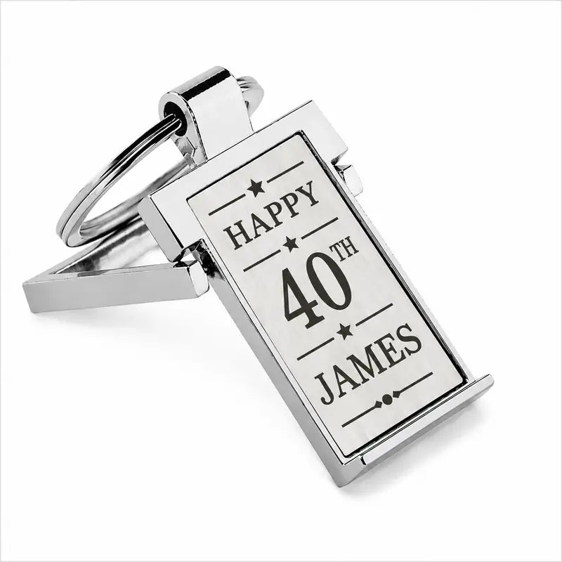 Personalised 40th birthday engraved metal keyring with custom name