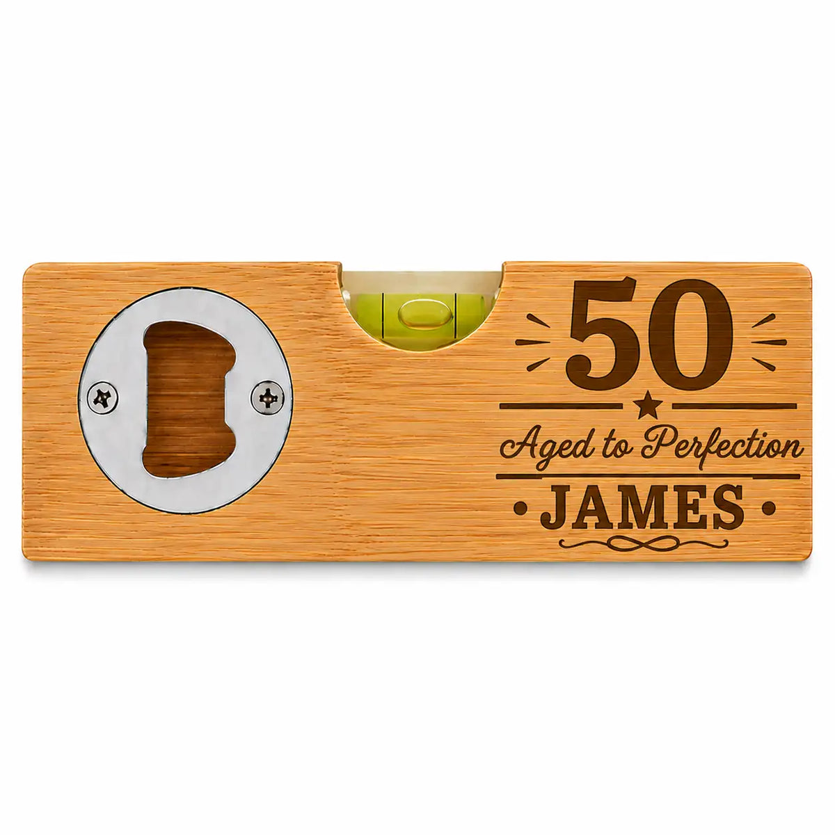 Personalised 50th birthday bamboo spirit level and bottle opener with Aged to Perfection design