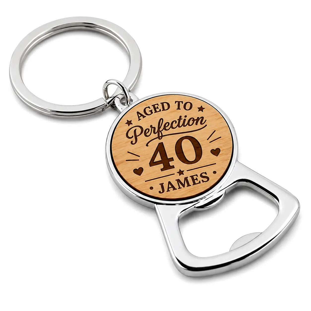 Personalised Aged to Perfection 40th birthday bottle opener keyring with name