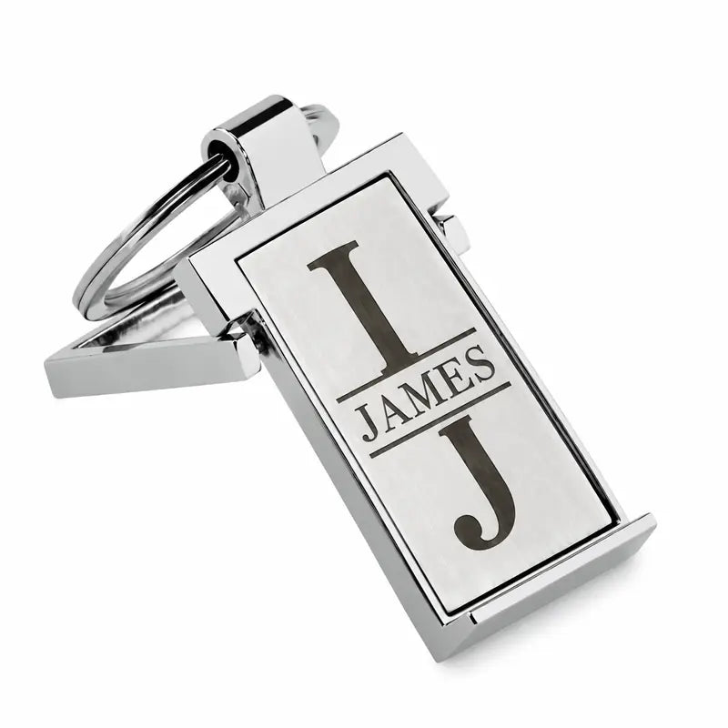 Personalised engraved metal keyring with custom initial and name design