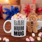 Personalised Bah Hum Mug with funny Bah Humbug-inspired Christmas slogan on a white ceramic mug.