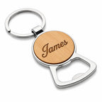 Personalised bottle opener keyring with bamboo-style centre and custom name