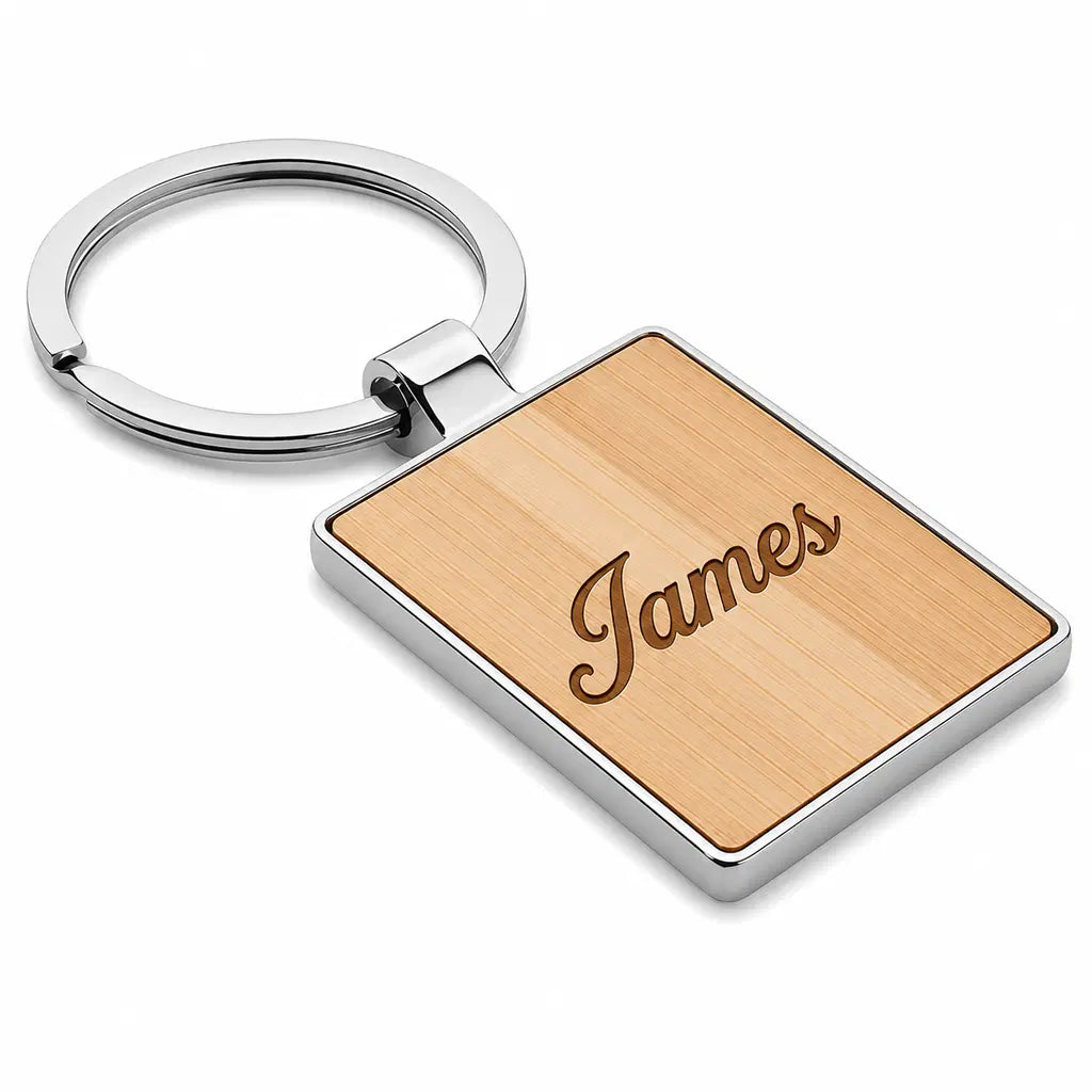 Personalised rectangular name keyring with bamboo-style centre and custom name