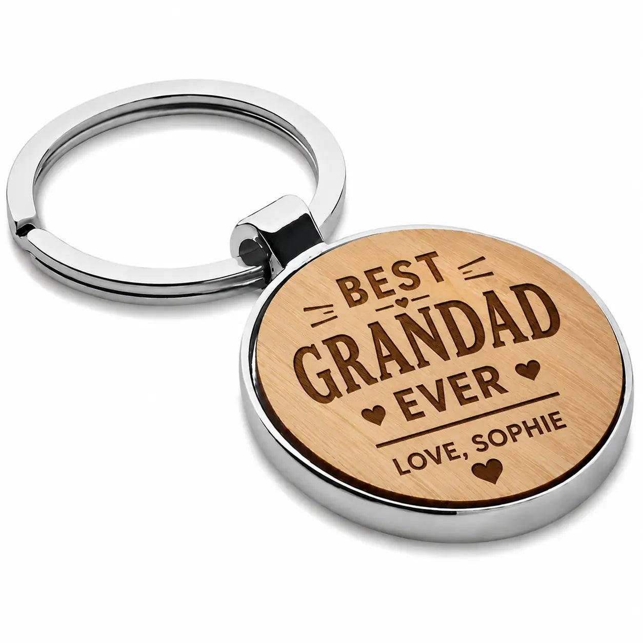 Personalised Best Grandad Ever keyring with custom message and bamboo-effect design