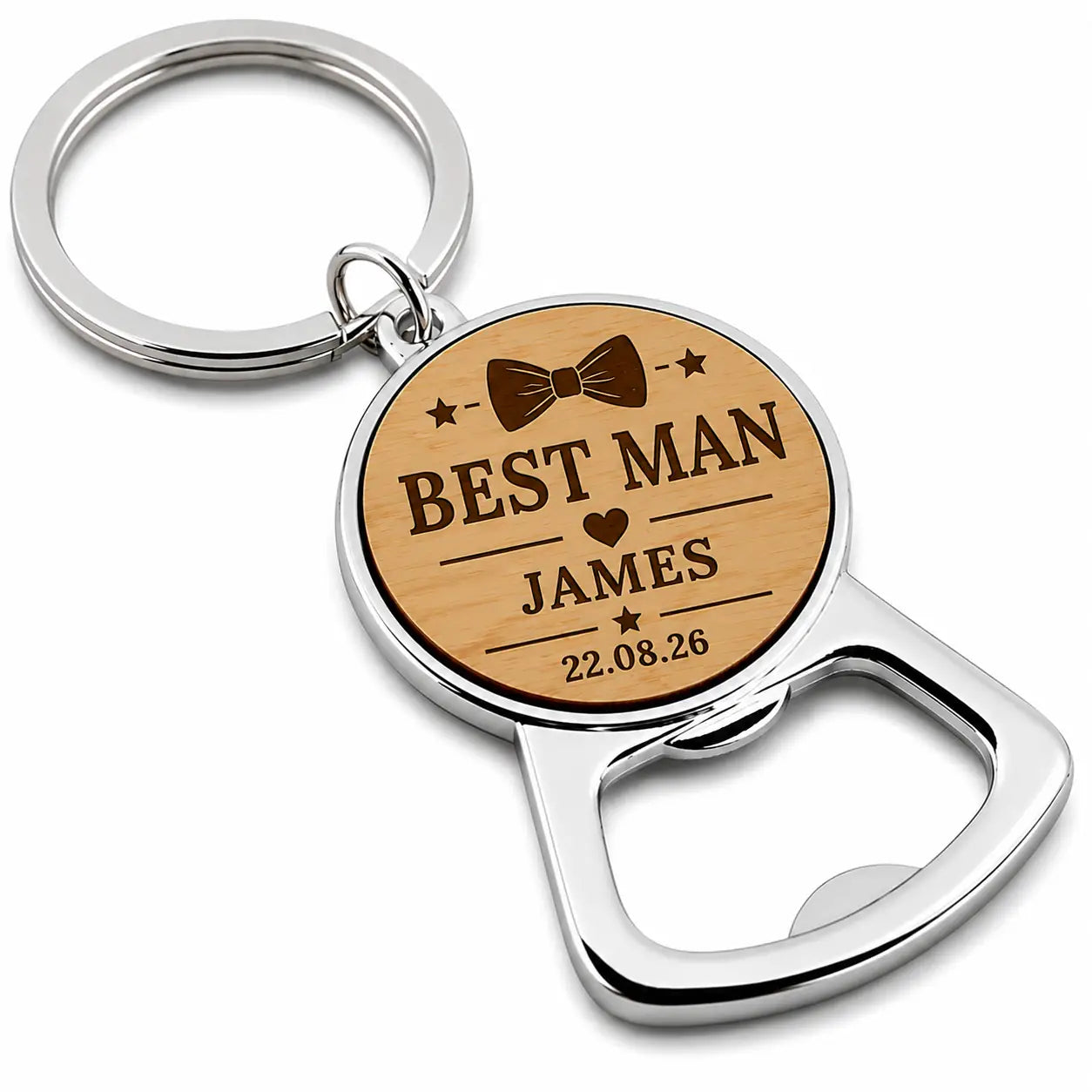Personalised Best Man bottle opener keyring with name and wedding date