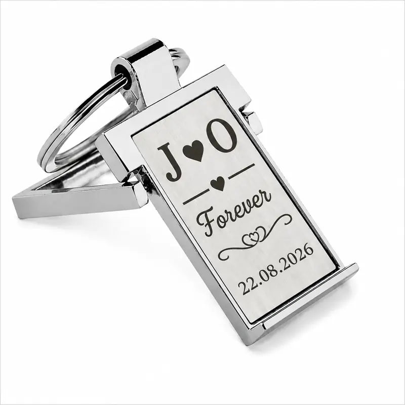 Personalised couples keyring with initials, date and Forever engraved design