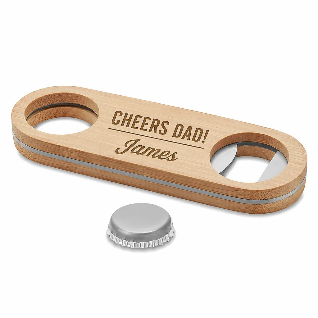 Personalised Cheers Dad bottle opener with custom name