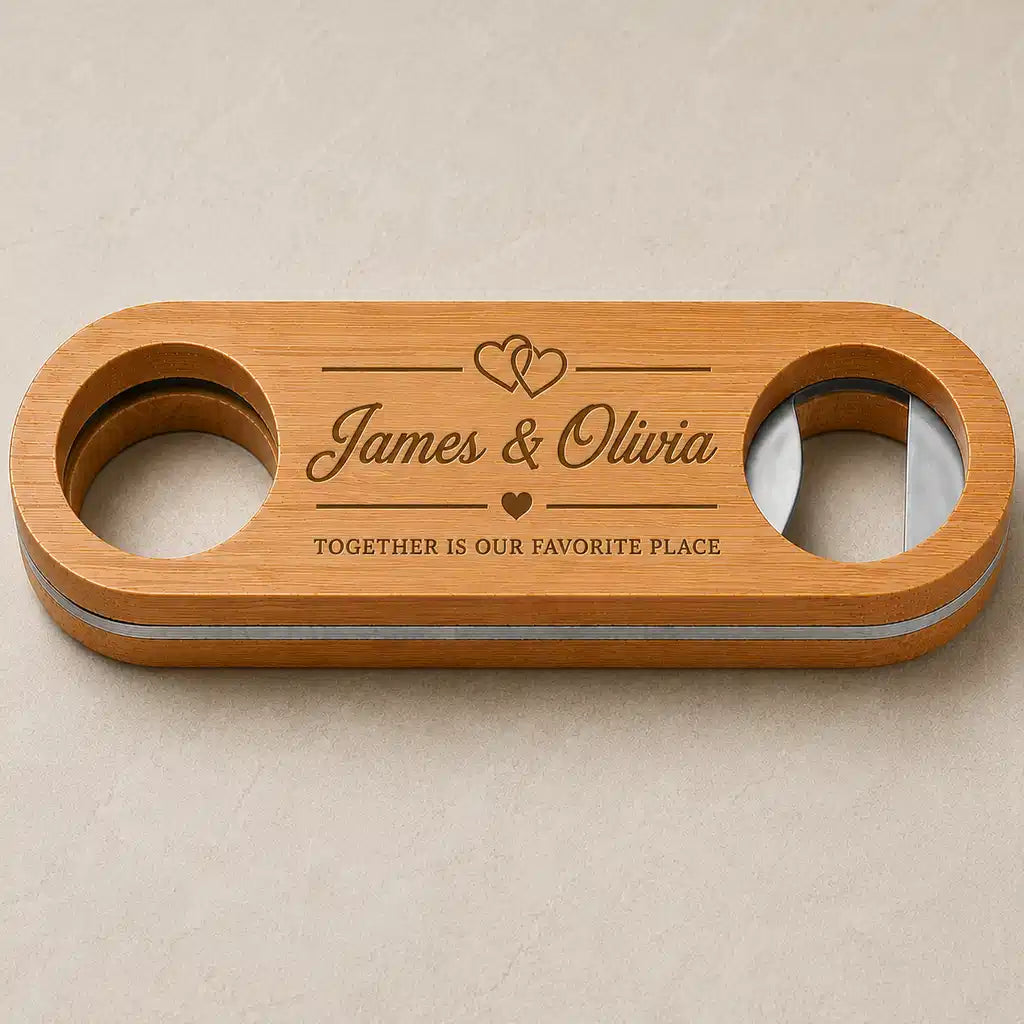 Personalised bamboo bottle opener with engraved couple names and romantic message