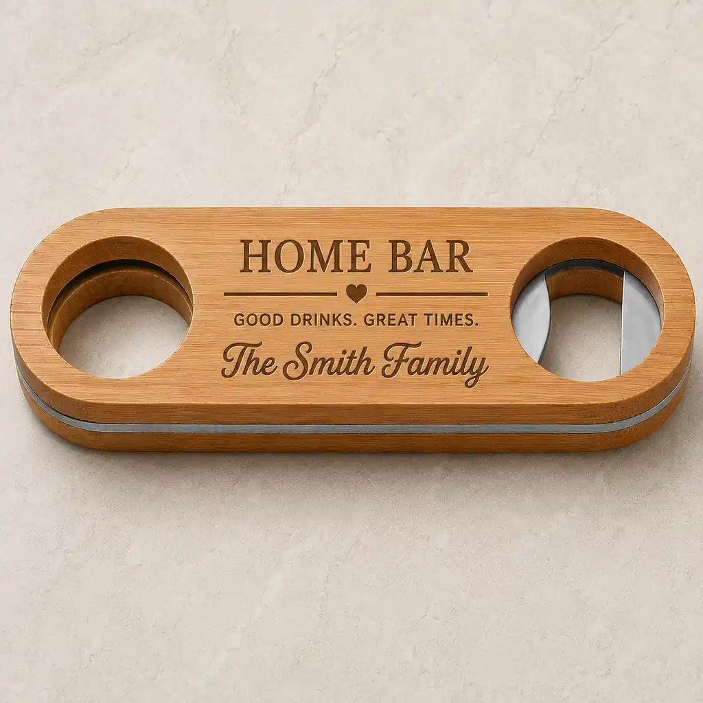 Personalised bamboo bottle opener with engraved home bar design and family name