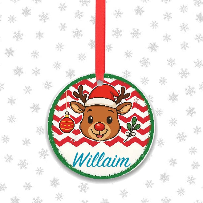 Personalised boy reindeer Christmas ornament with name and red ribbon for tree