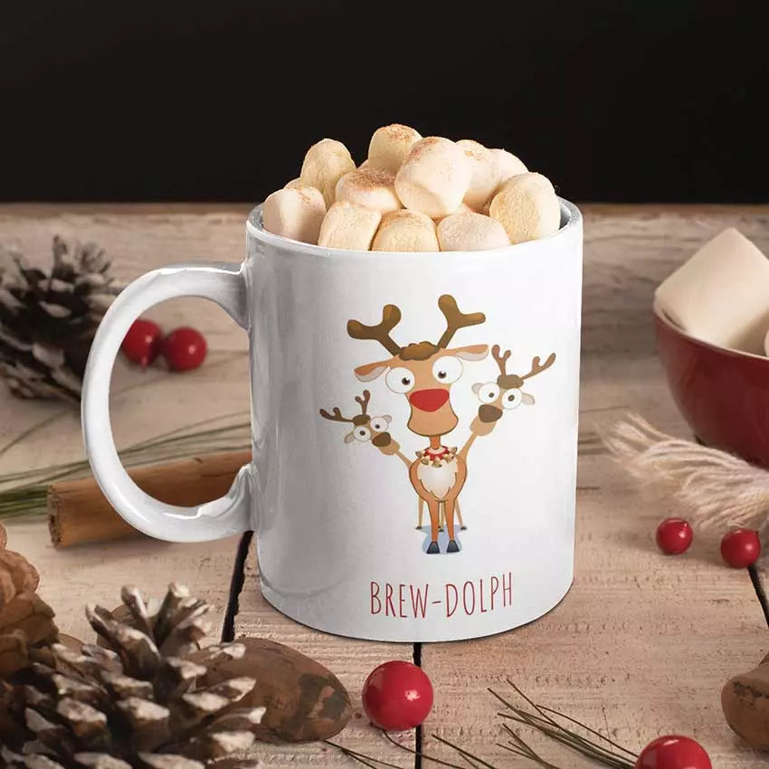 Personalised Brew-Dolph Christmas mug featuring a funny festive reindeer-inspired design on a ceramic mug.