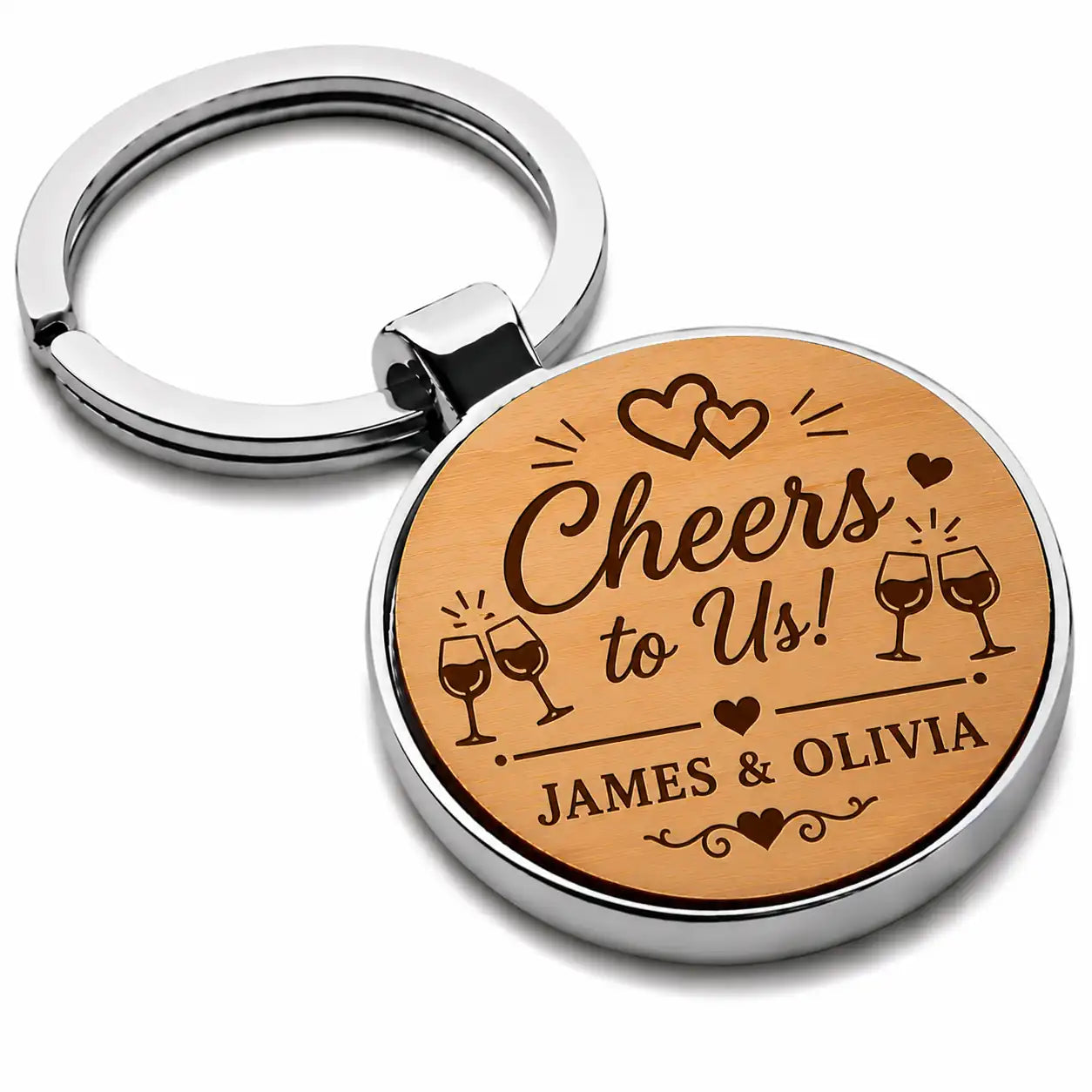 Personalised Cheers to Us couples keyring with two names