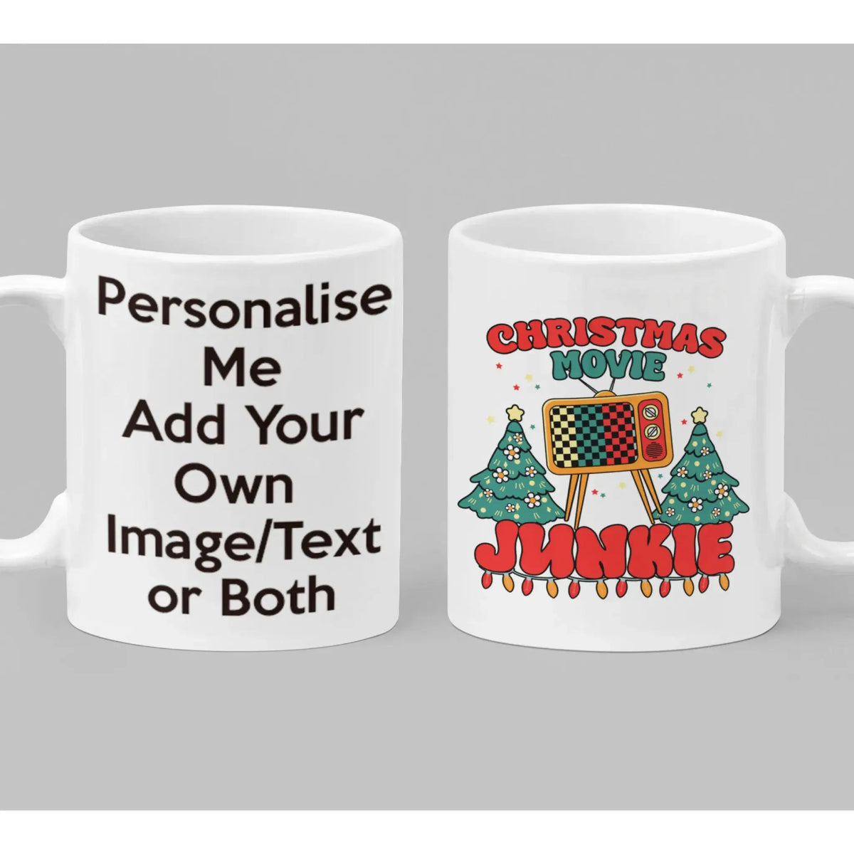 Personalised Christmas Movie Junkie mug with retro TV and Christmas trees – custom festive mug gift