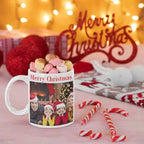 Personalised Christmas photo mug with a custom uploaded picture, recipient's name and festive design on a white ceramic mug.