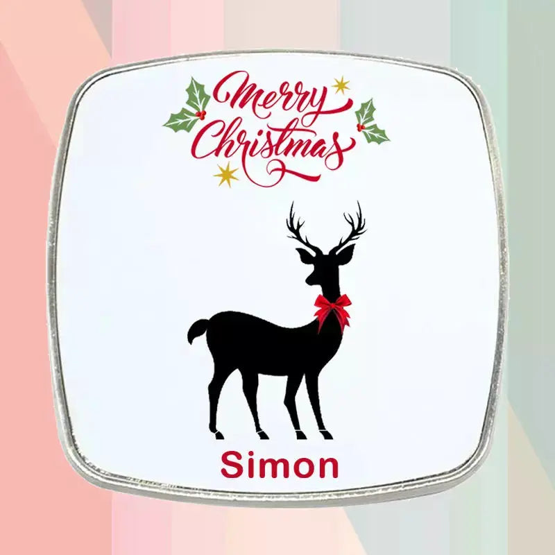 Personalised Christmas reindeer fridge magnet featuring a festive reindeer illustration, Merry Christmas wording and custom printed name.