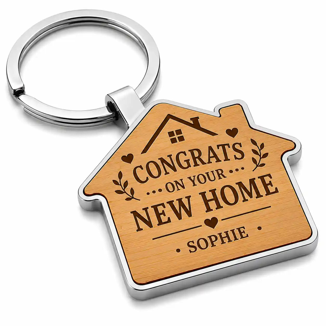 Personalised new home house keyring with congratulations message and custom name