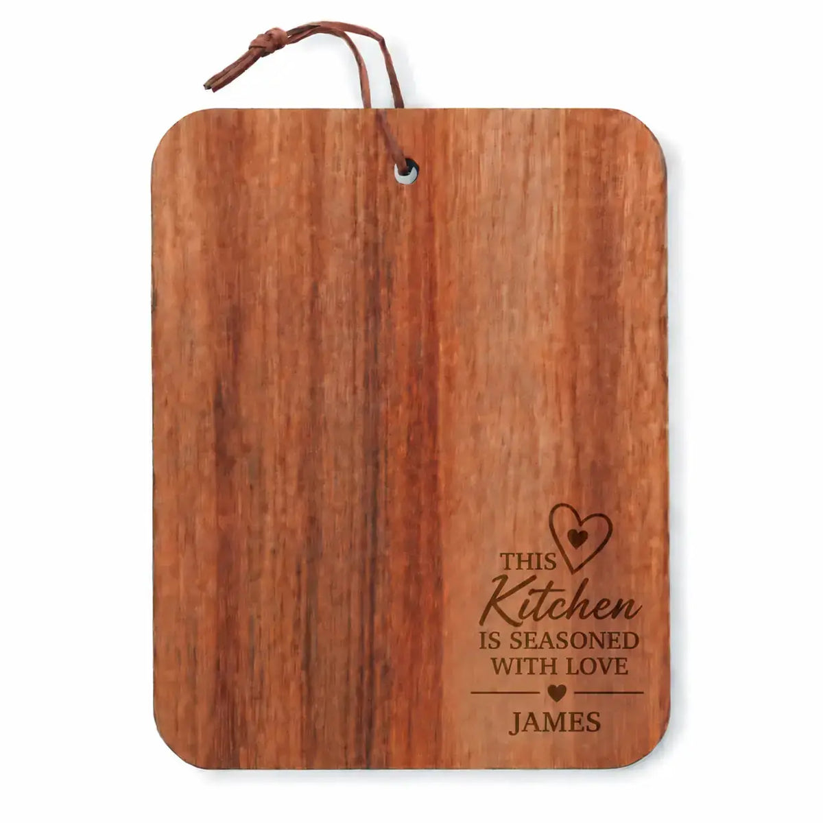 Seasoned With Love wooden cutting board with brown engraved design