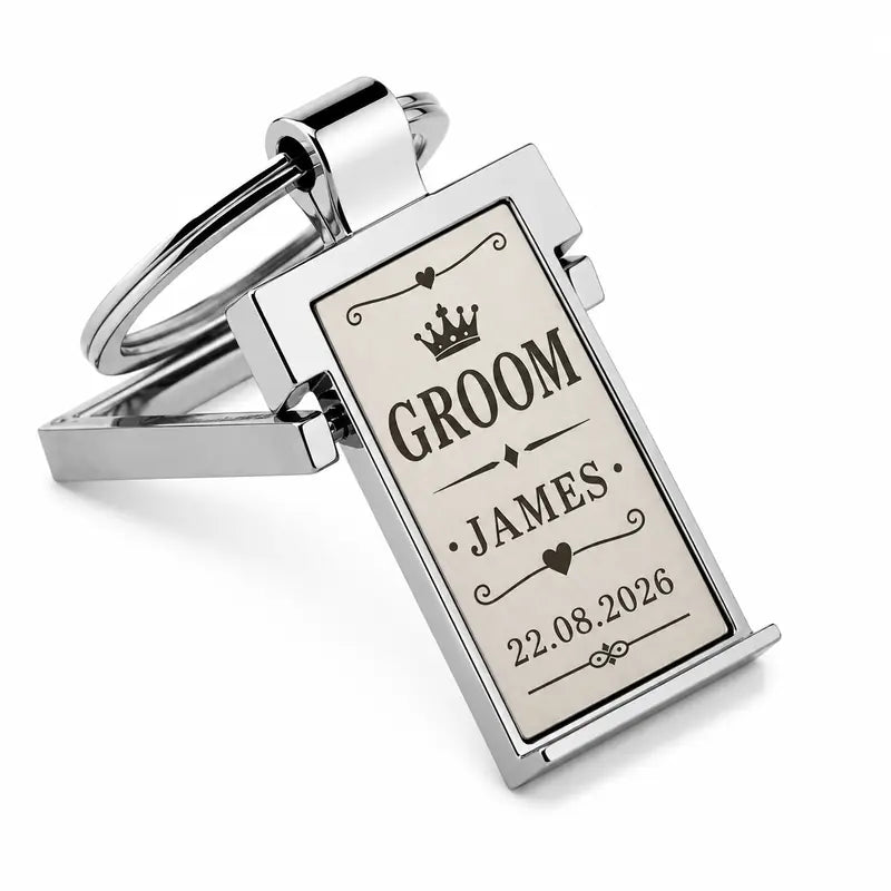 Personalised Groom engraved metal keyring with custom name and wedding date