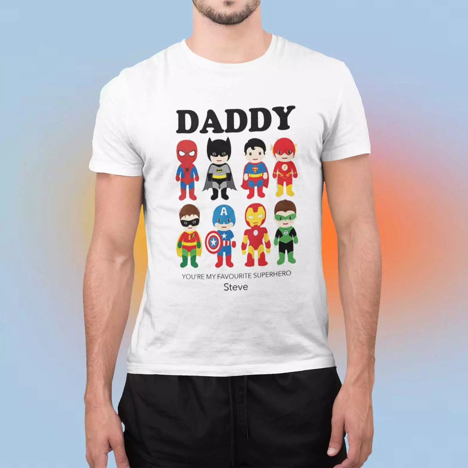 Personalised “Daddy You Are My Favourite Superhero” t-shirt with custom name, a heartfelt personalised gift for dads and fathers