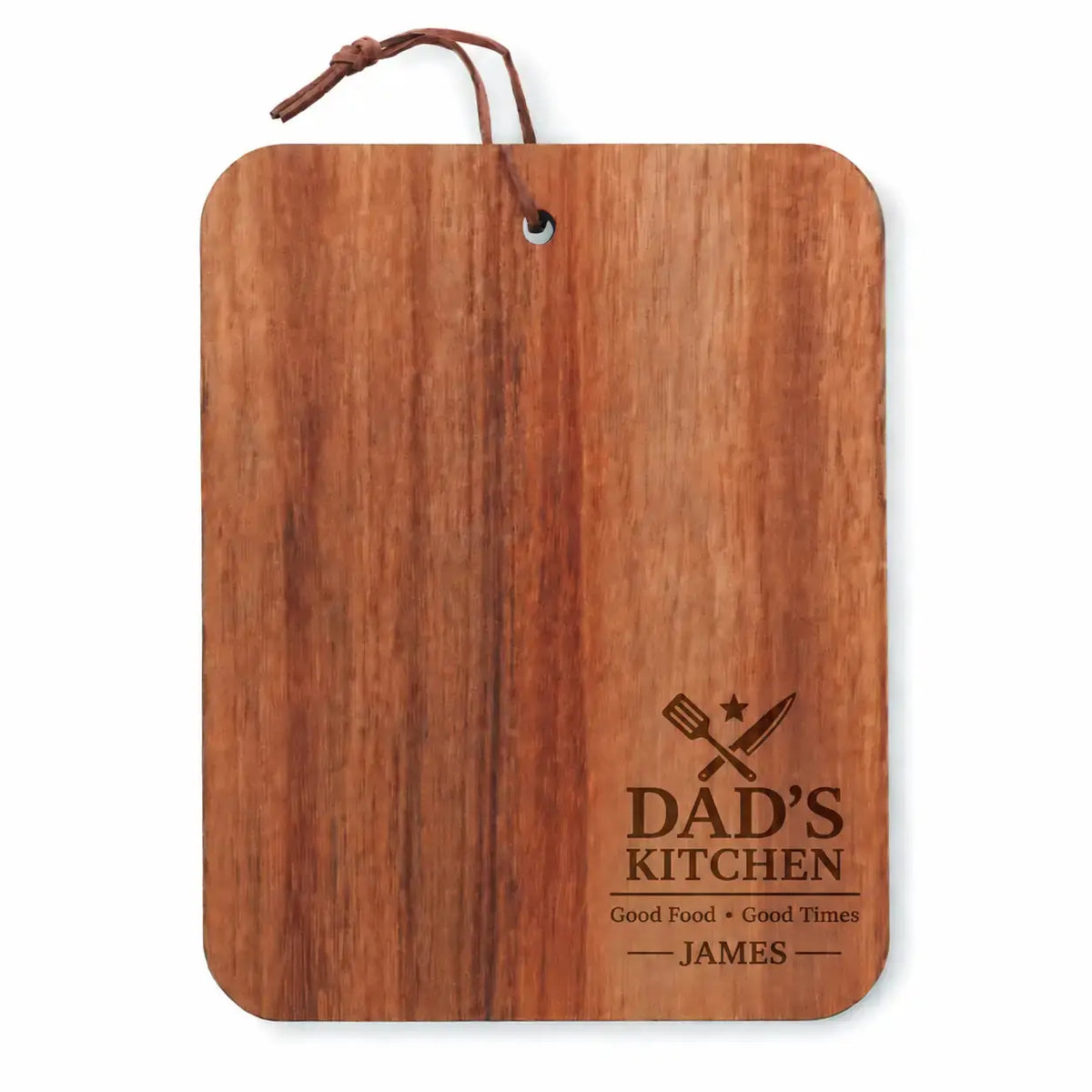 Personalised Dad’s Kitchen wooden cutting board with brown engraved design