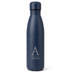 Personalised dark blue thermal water bottle with engraved initial and custom name, stainless steel insulated drinks bottle.