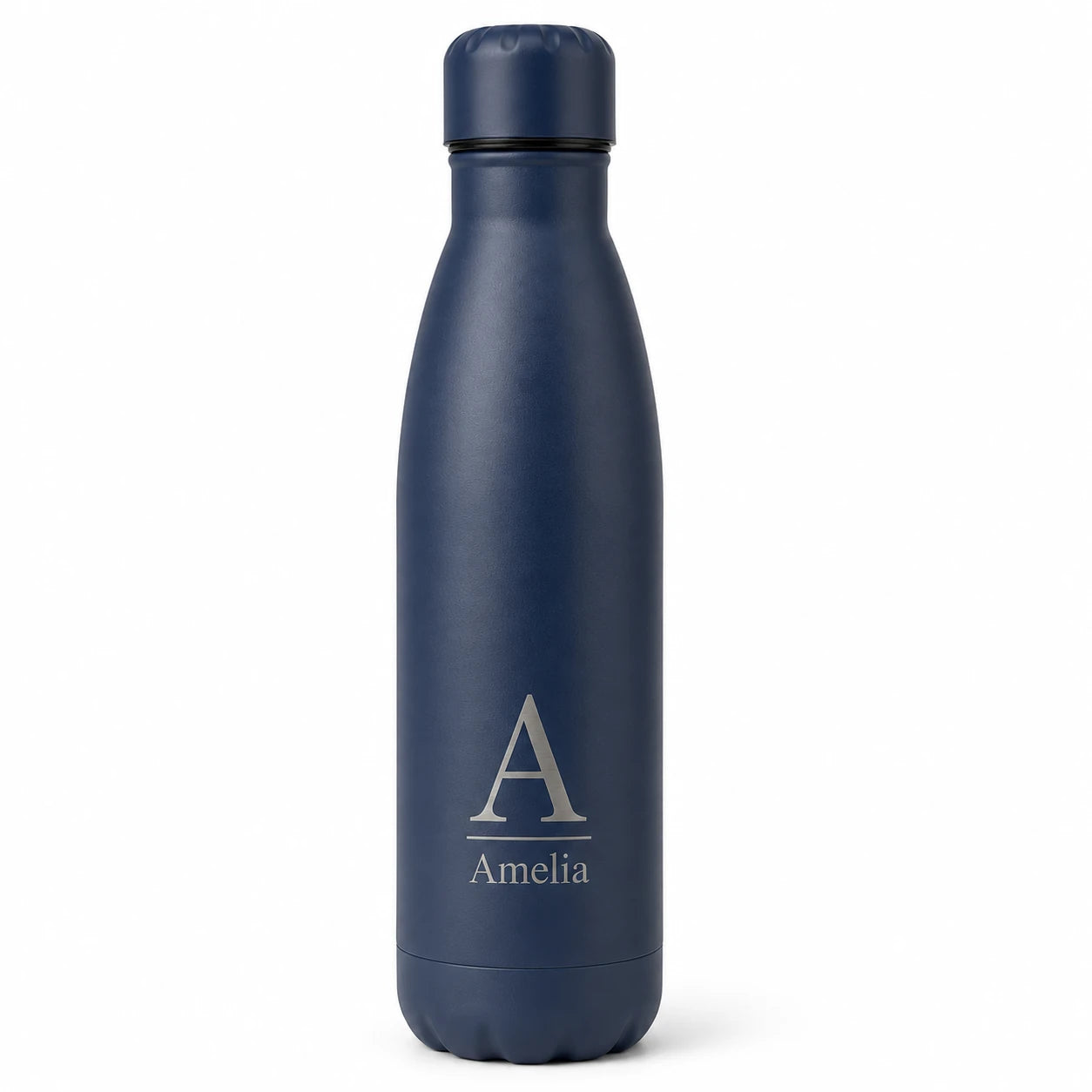 Personalised dark blue thermal water bottle with engraved initial and custom name, stainless steel insulated drinks bottle.