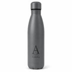 Personalised dark grey thermal water bottle with engraved initial and custom name, reusable stainless steel insulated bottle.