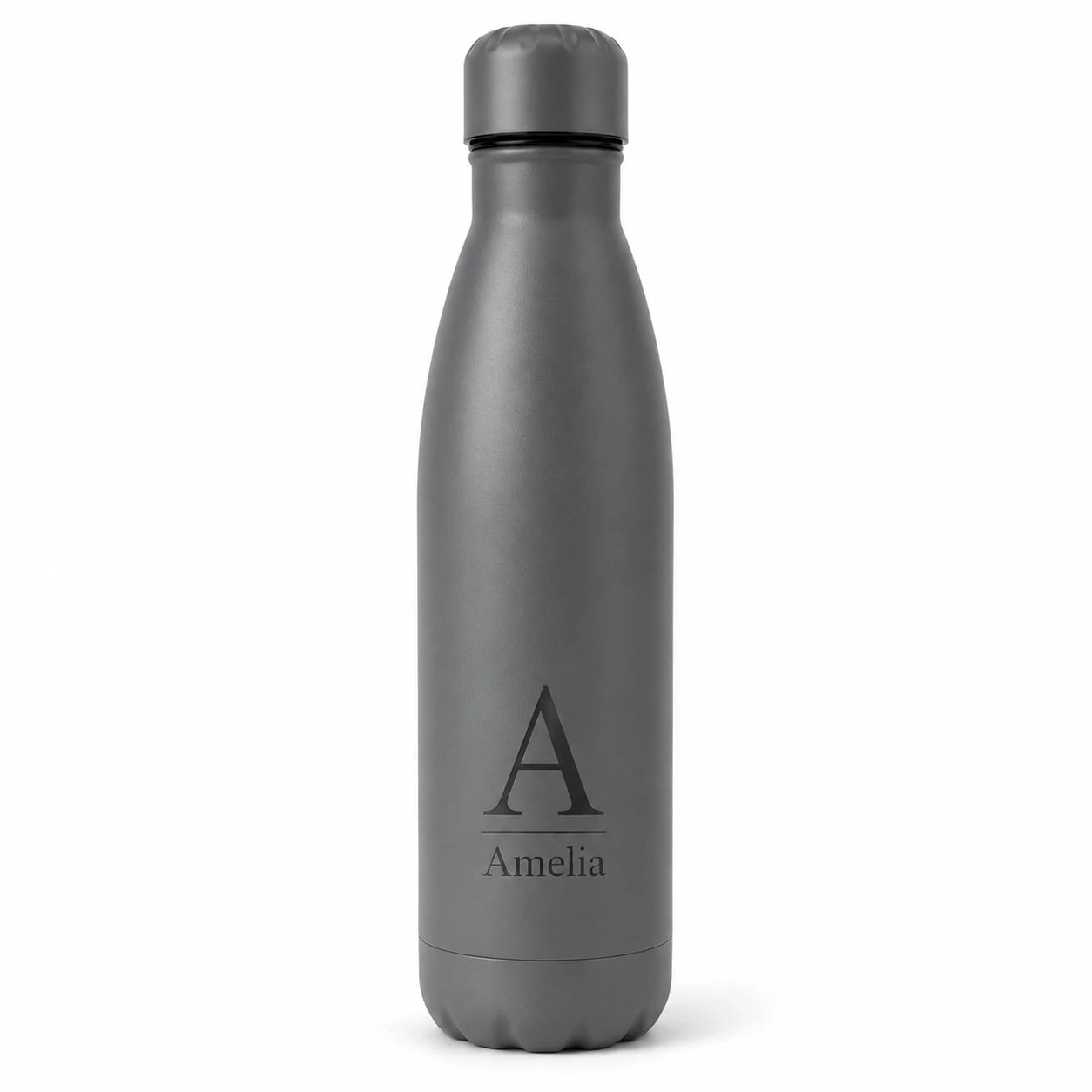 Personalised dark grey thermal water bottle with engraved initial and custom name, reusable stainless steel insulated bottle.