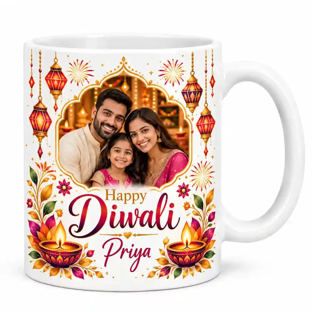 Personalised Diwali photo mug featuring a custom family picture, Happy Diwali greeting, name, colourful lanterns, fireworks and glowing diyas.