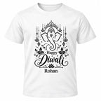 White personalised Happy Diwali T-shirt with black Ganesha artwork, festive lamps and custom name beneath the design.