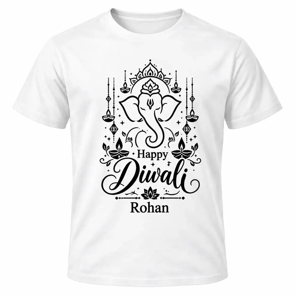 White personalised Happy Diwali T-shirt with black Ganesha artwork, festive lamps and custom name beneath the design.