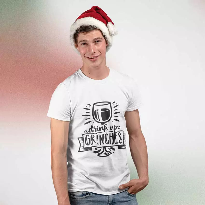 Personalised “Drink Up Grinches” Christmas t-shirt with custom name, funny festive party tee