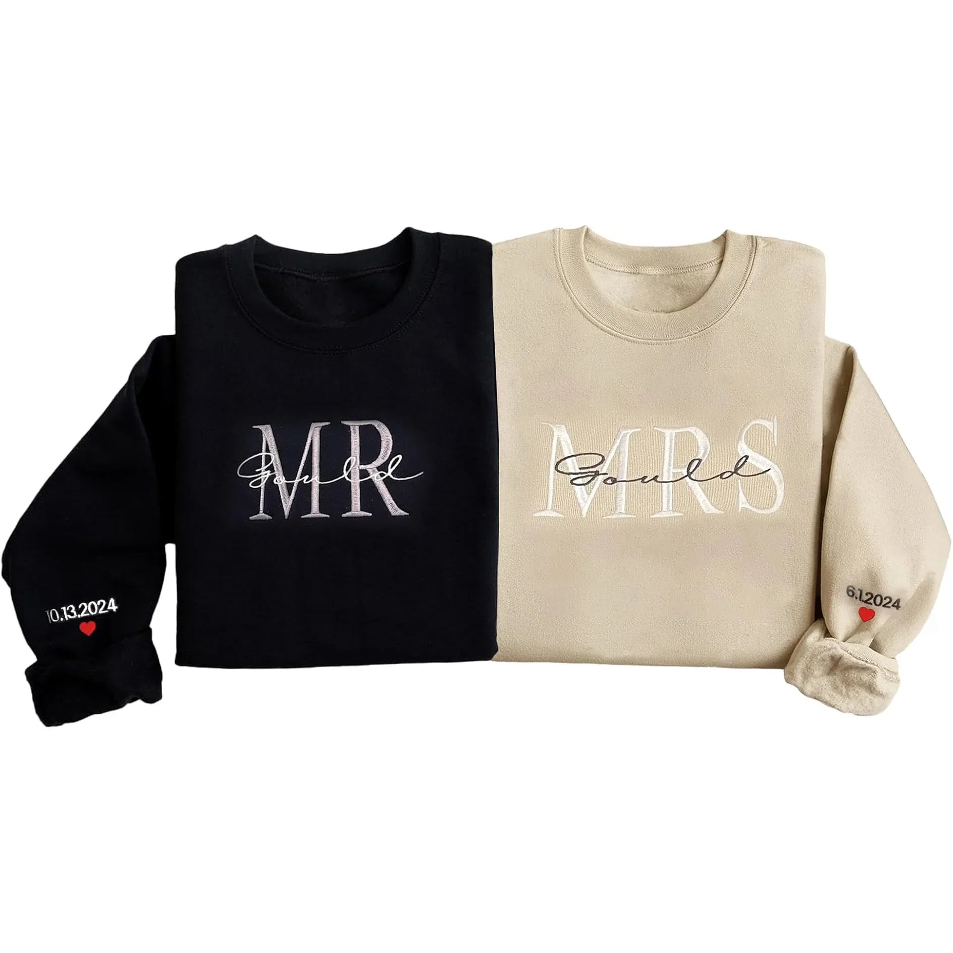 Personalised embroidered MR and MRS couple sweatshirt with custom surname and date