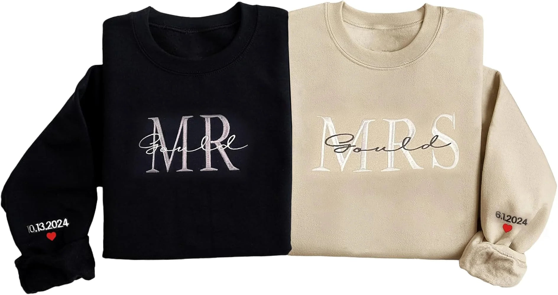 Personalised embroidered MR and MRS couple sweatshirt with custom surname and date