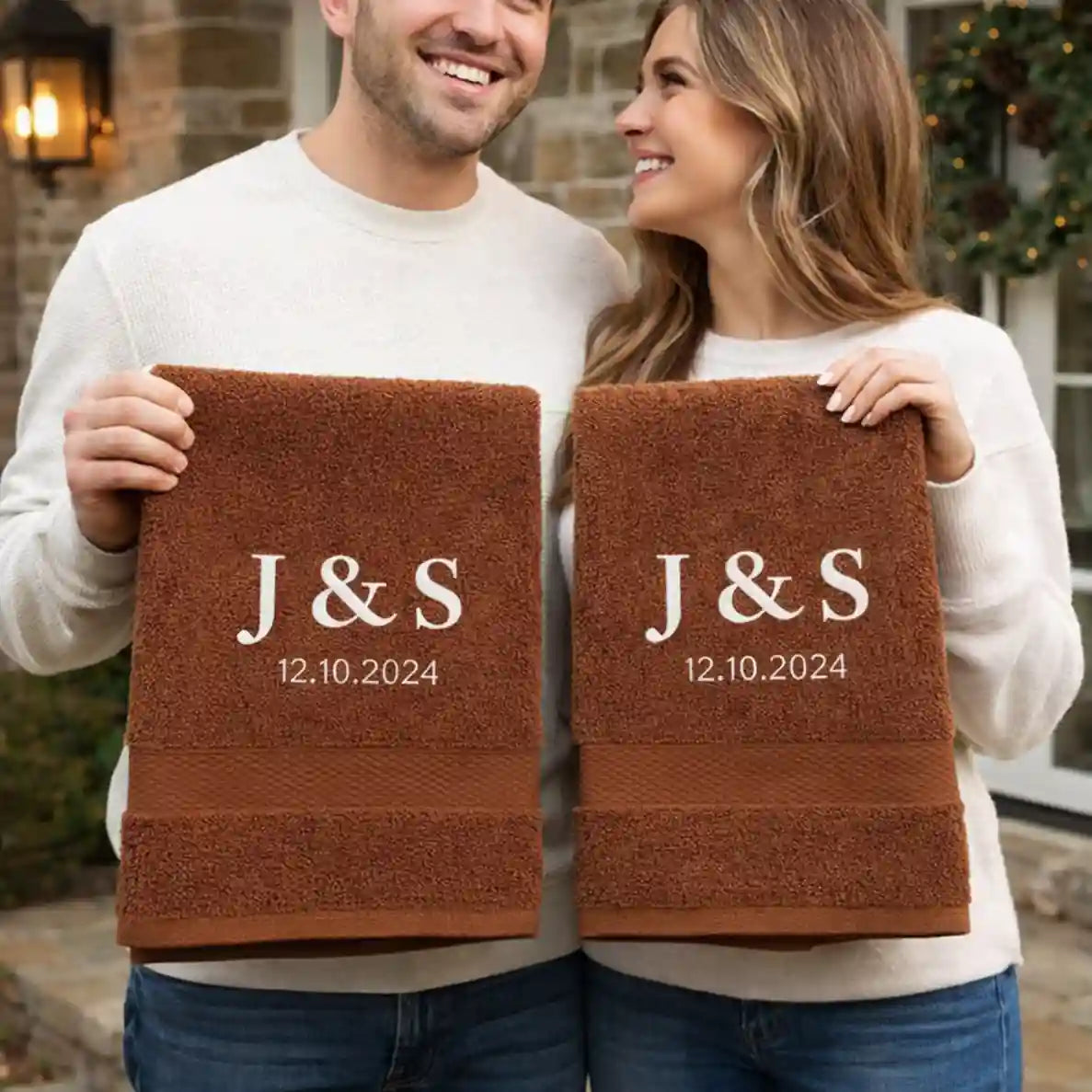 Engaged couple holding personalised towels with initials and engagement date