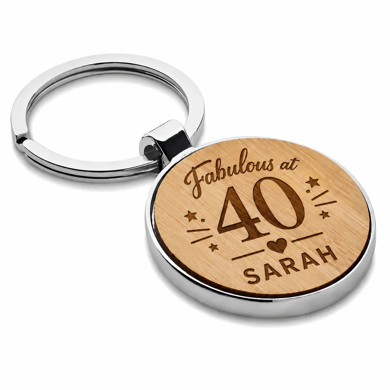 Personalised Fabulous at 40 birthday keyring with name and bamboo-effect design