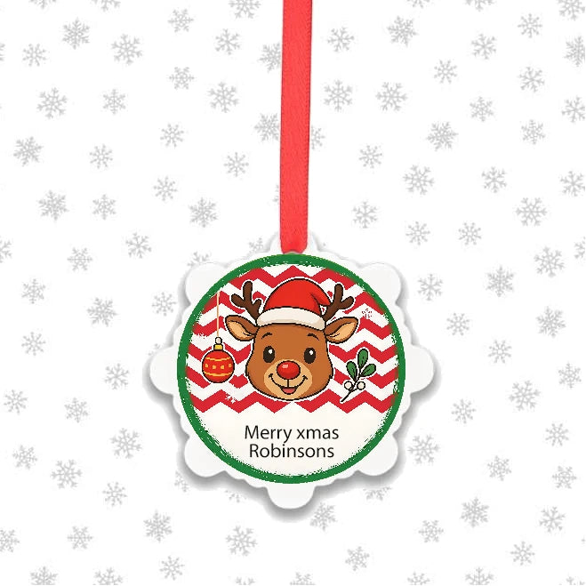 Personalised family boy reindeer Christmas ornament with Santa hat and festive design
