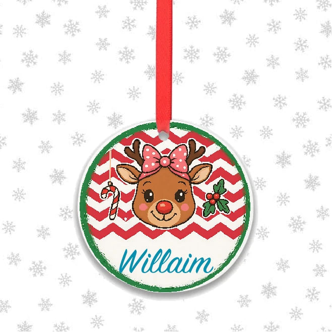Personalised family girl reindeer Christmas ornament with custom name and festive bow