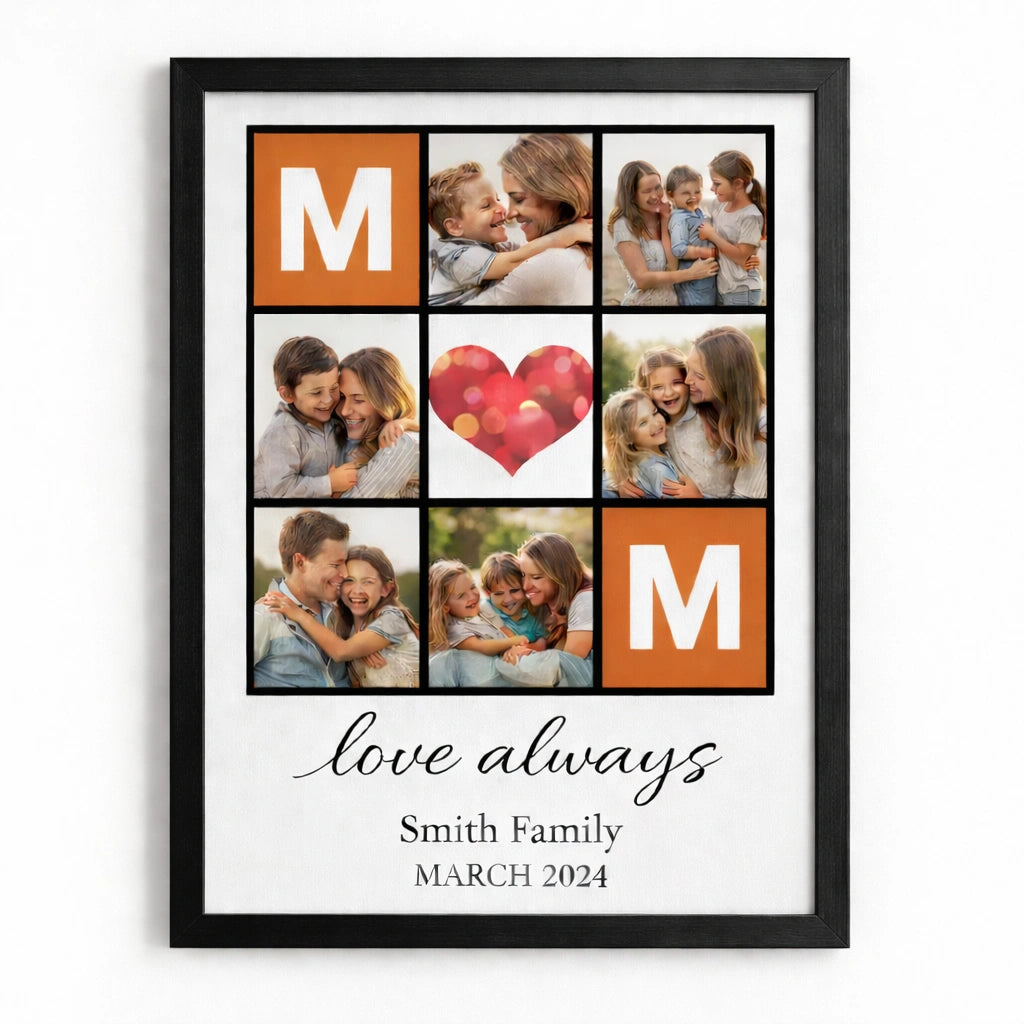 Personalised family initial photo collage wall art with custom family name date and love always design