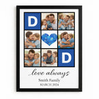 Personalised family photo collage frame with custom family name date and love always wall art design