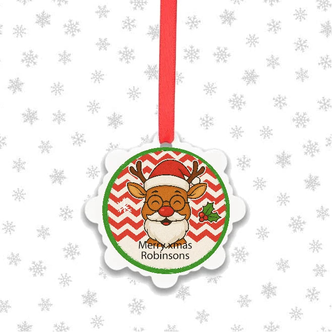 Personalised family Christmas reindeer ornament with scalloped edge and festive design