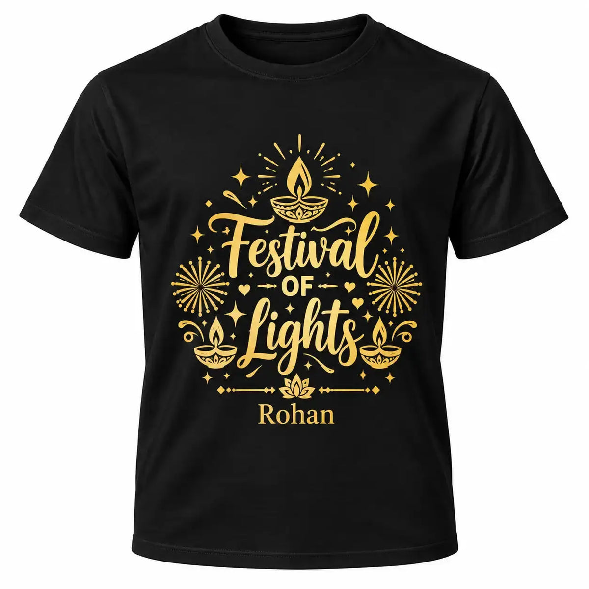 Black personalised Diwali T-shirt with gold Festival of Lights lettering, diya lamps, fireworks and lotus details, featuring the name Rohan.