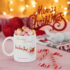 Personalised Flying Santa and Reindeer Christmas Mug with custom name and festive Father Christmas artwork.