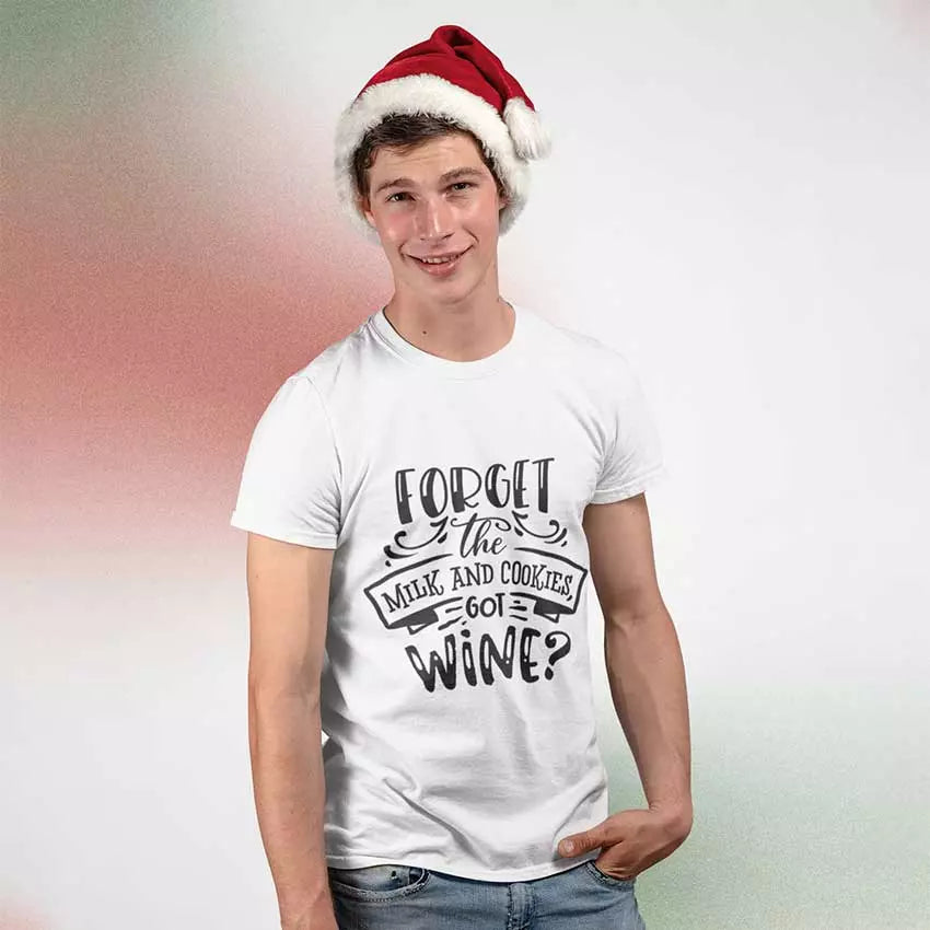 Personalised “Forget the Milk and Cookies, Got Wine” Christmas t-shirt with custom name, festive wine humour tee