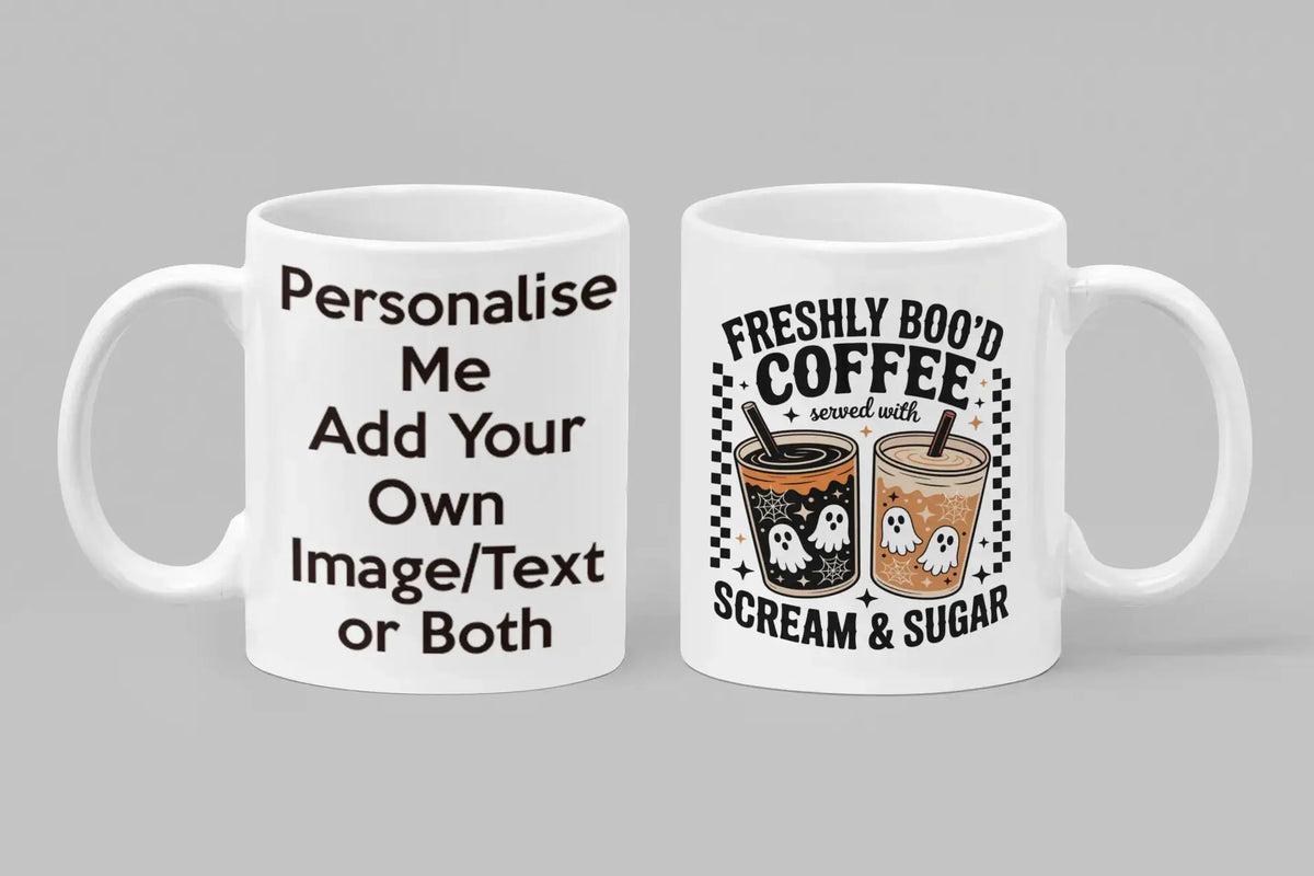 Personalised Freshly Boo'd Halloween coffee mug featuring two illustrated iced coffees with mini ghosts, cobwebs and retro lettering.